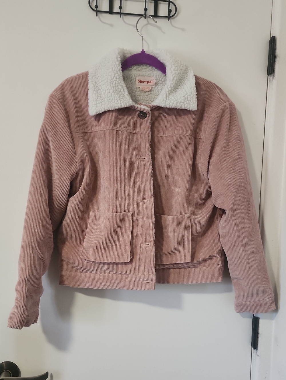 Showpo. Dusty Pink Corduroy Jacket with White Sherpa Collar